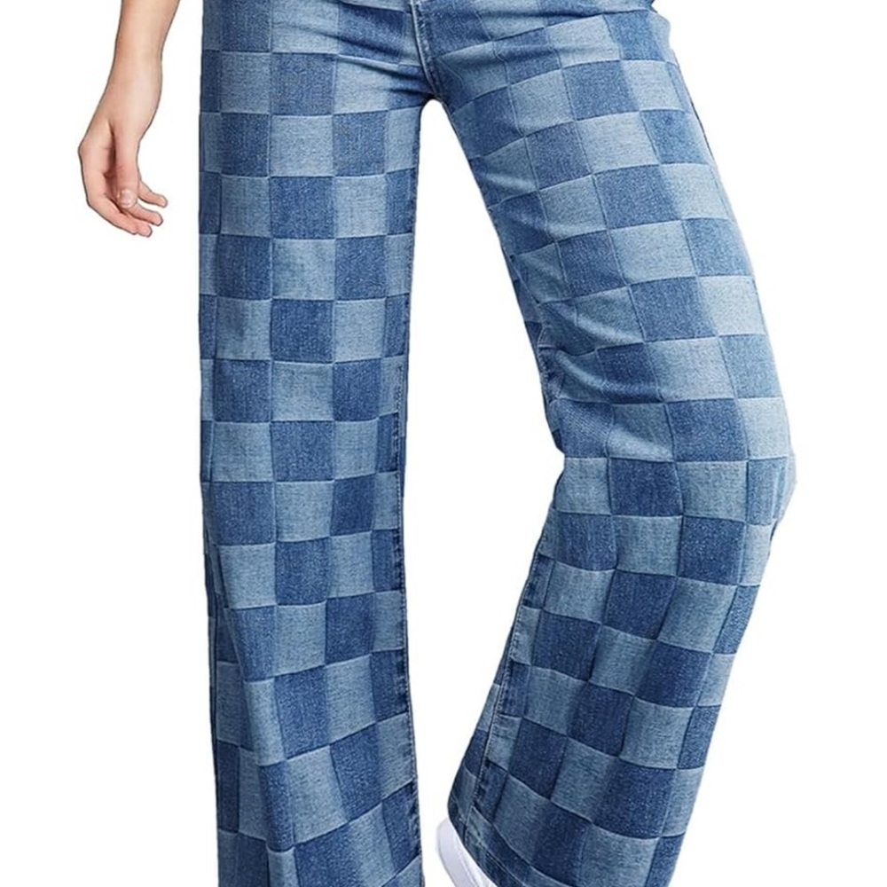 Blue Checkered Women's Boot Cut Jeans